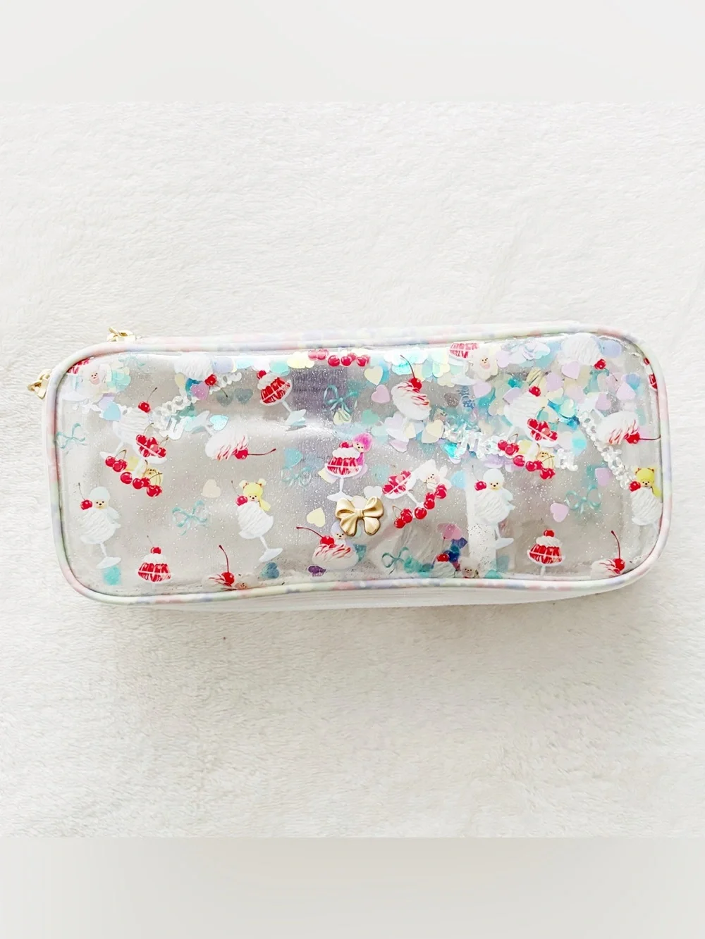 Japanese Fafa Monchhichi Clear PVC Heart Sequin Organizer Stationary Pencil Case